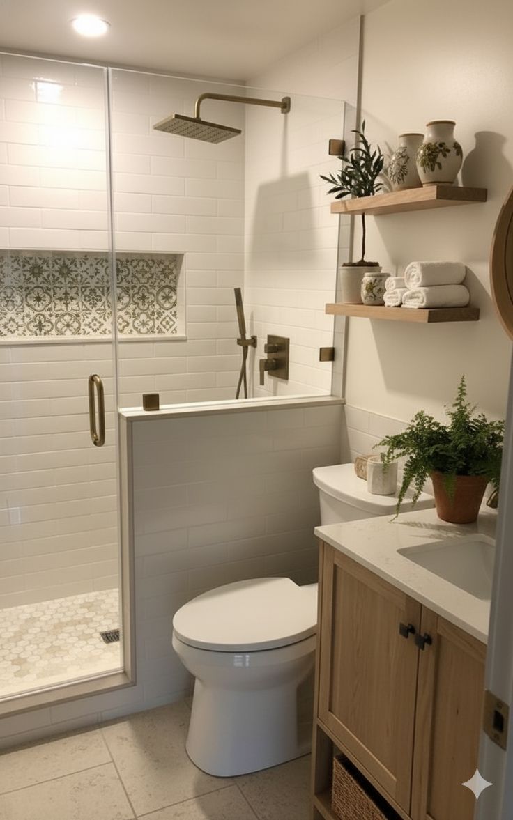 Walk-in shower with patterned niche