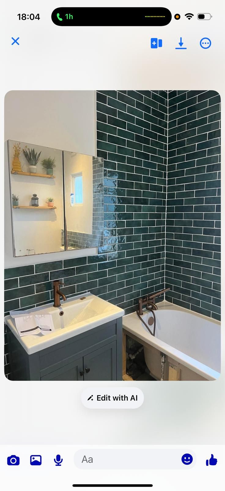 Bathroom with green metro tiles and vanity